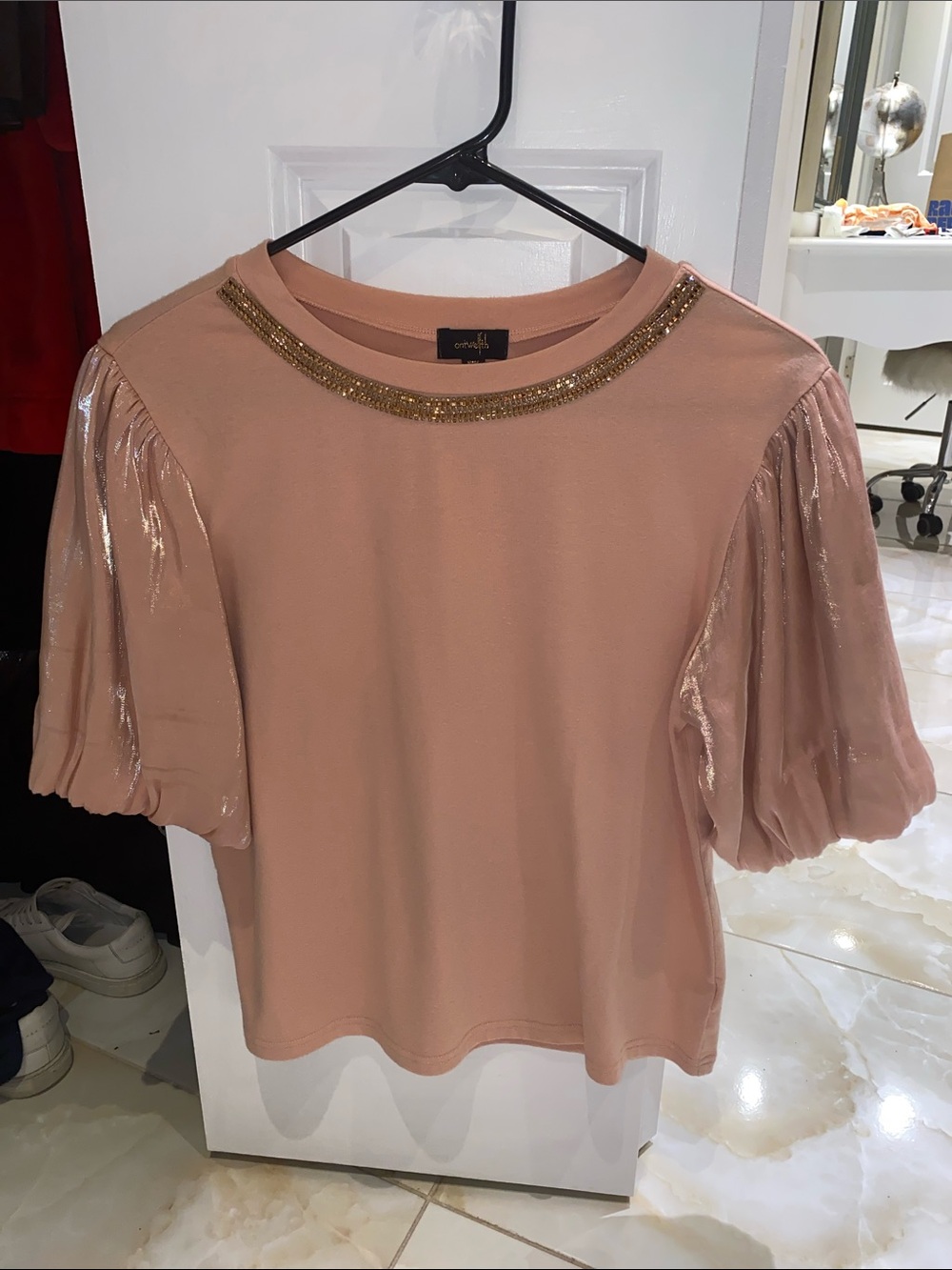 cinq a sept inspired Dusty Pink Short-Sleeve Tee with Gold Beaded Neckline